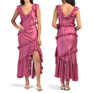 CINQ À SEPT Ora Tiered Ruffle Silk Sleeveless Midi Dress In Dark Ube sz 14 $495